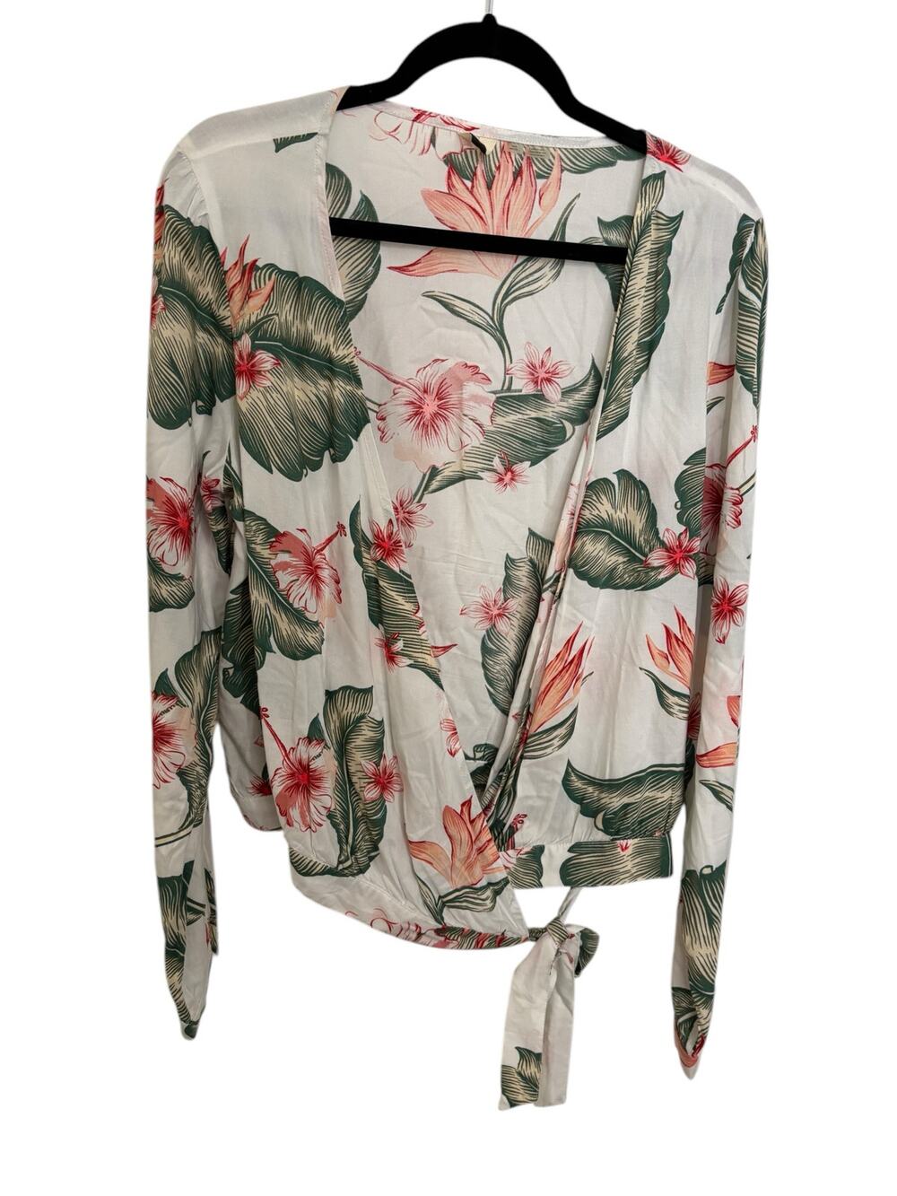 Roxy Top Womens L Empire State View Wrap Marshmallow Tropical Love Long Sleeve